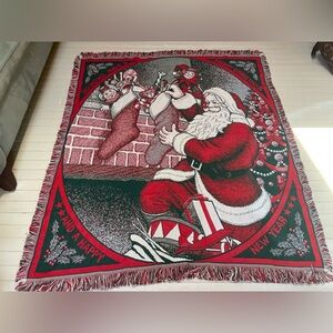 Vintage American Weavers Santa Claus Christmas Tapestry Throw Blanket 58" X 50"